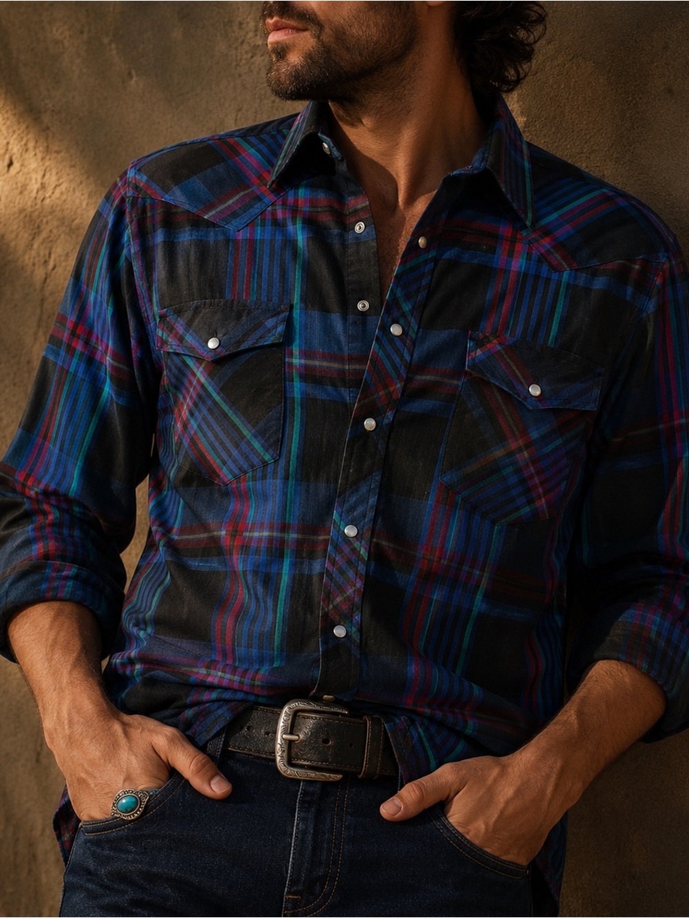 Men’s Western Pearl Snap Shirt 16-16.5 Tall Black Blue Plaid Cowboy Outlaw